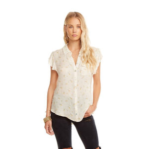 Women's Chaser Cream Yellow Floral Ruffle Sleeve Button Down Shirt M